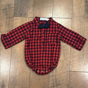 Red and Navy Plaid Baby Onesie with Bow Tie